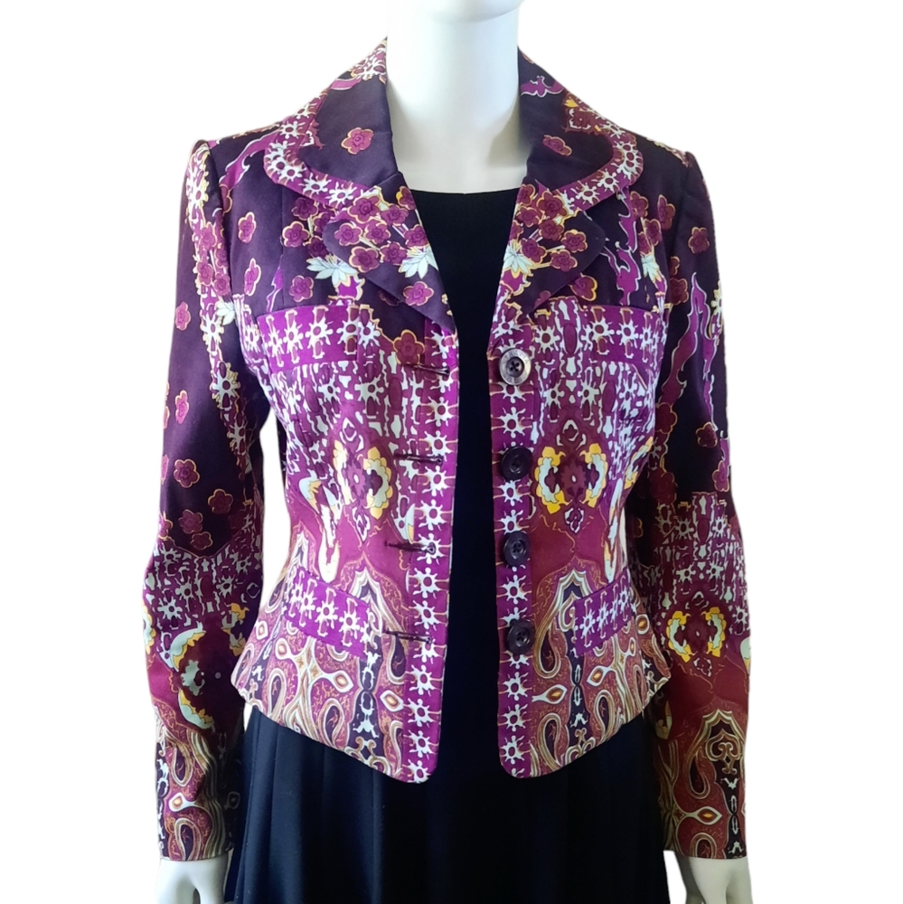 THALIA SODI Paisley Print Cotton Cropped Notched Lapel Blazer Sz M Plum/Multi